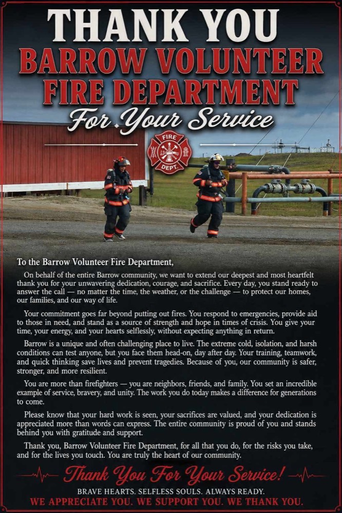 Thank you, Barrow Volunteer Fire Department, for your service — a poster from the community