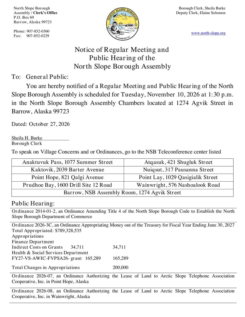 North Slope Borough Assembly Regular Meeting and Public Hearing