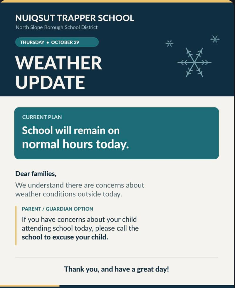 Weather Update: School Operating on Normal Hours