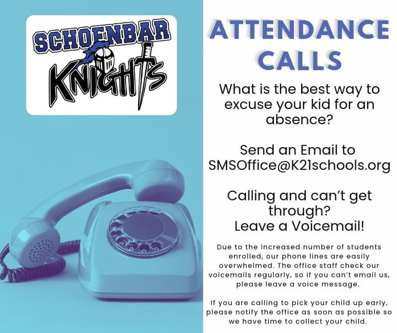 Schoenbar Middle School Attendance Calls and Early Pickups