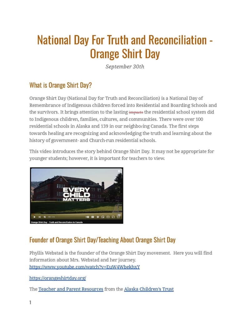 National Day For Truth and Reconciliation / Orange Shirt Day observance and resources