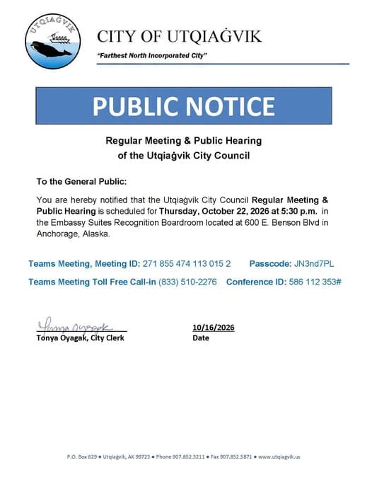 Utqiaġvik City Council Regular Meeting & Public Hearing