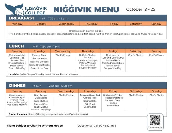 Niġġivik Dining Hall Menu: October 19-25
